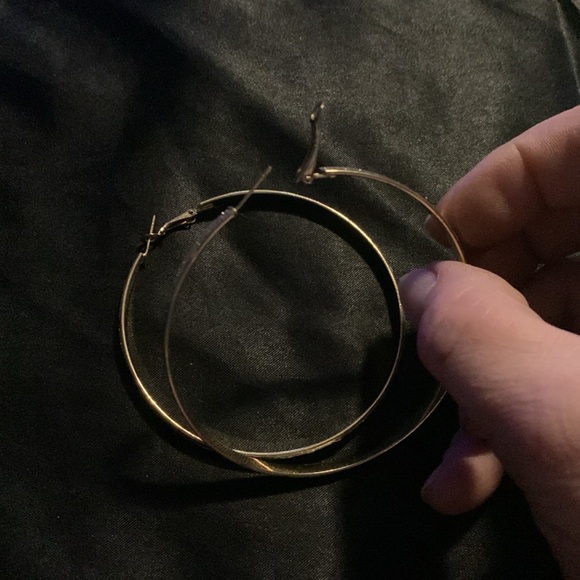 Gold Tone With Silver Shiny Center Hoop Earrings.      #011 - Picture 5 of 5